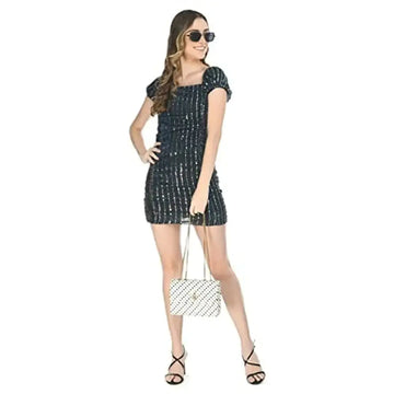 teekhi girl Women's Sequin Dress Bodycon Above Knee Lenght Shining Dress (Medium, Navy Blue)